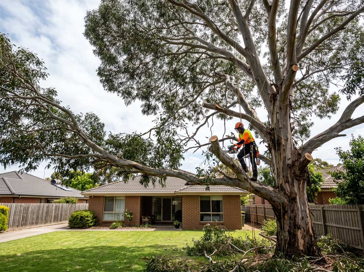 Large eucalyptus tree with thick branches being pruned over a residential backyard, house and fence visible.