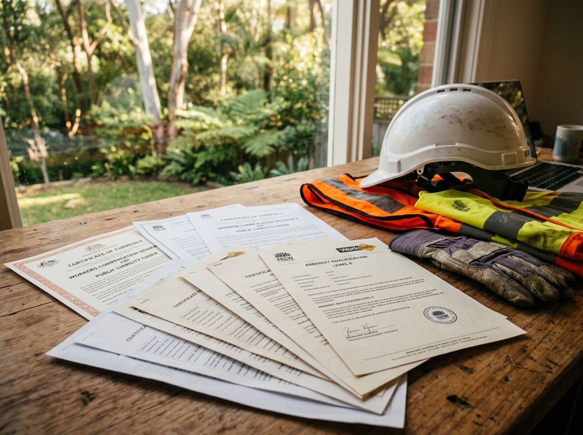 Fanned certification documents and insurance certificates on a wooden desk with a hard hat and safety gear nearby, natural light from a wind