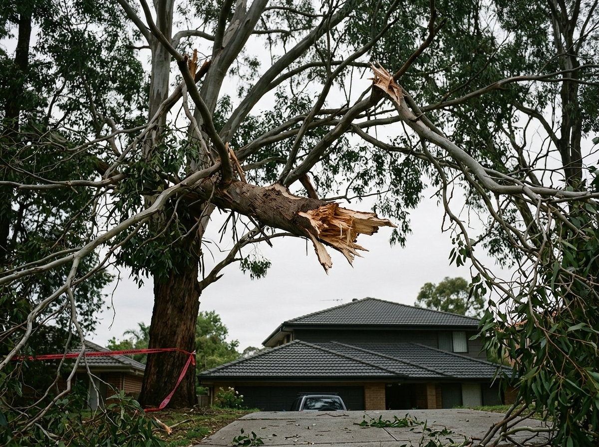 A broken tree branch hangs suspended in canopy with splintered wood visible, caught among other branches above a residential house and drive