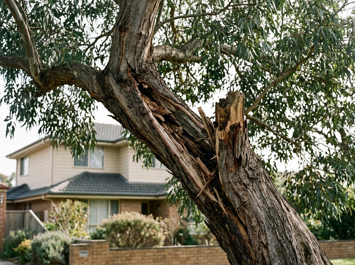 Large tree with split trunk and broken limbs showing structural damage, residential house blurred in background