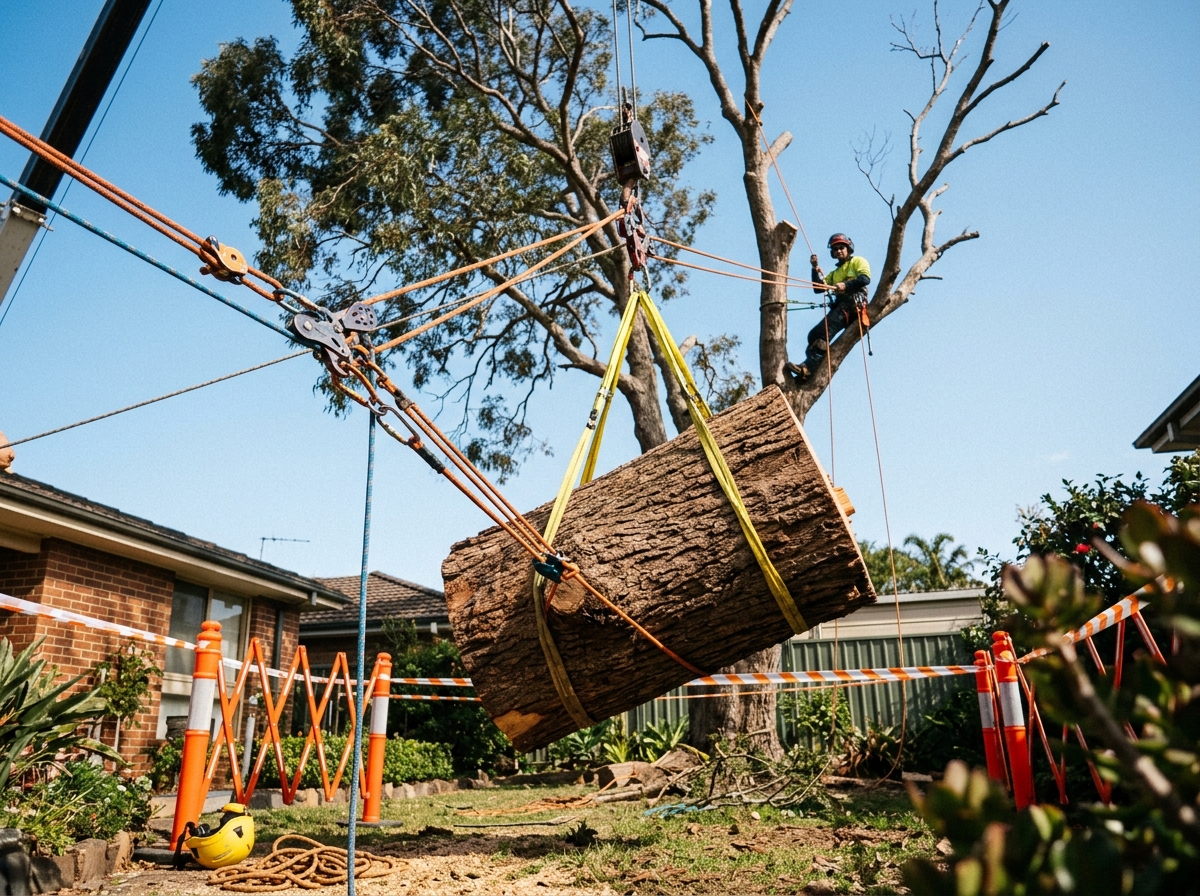 Large tree trunk section suspended by rigging equipment during removal in residential backyard with safety barriers.