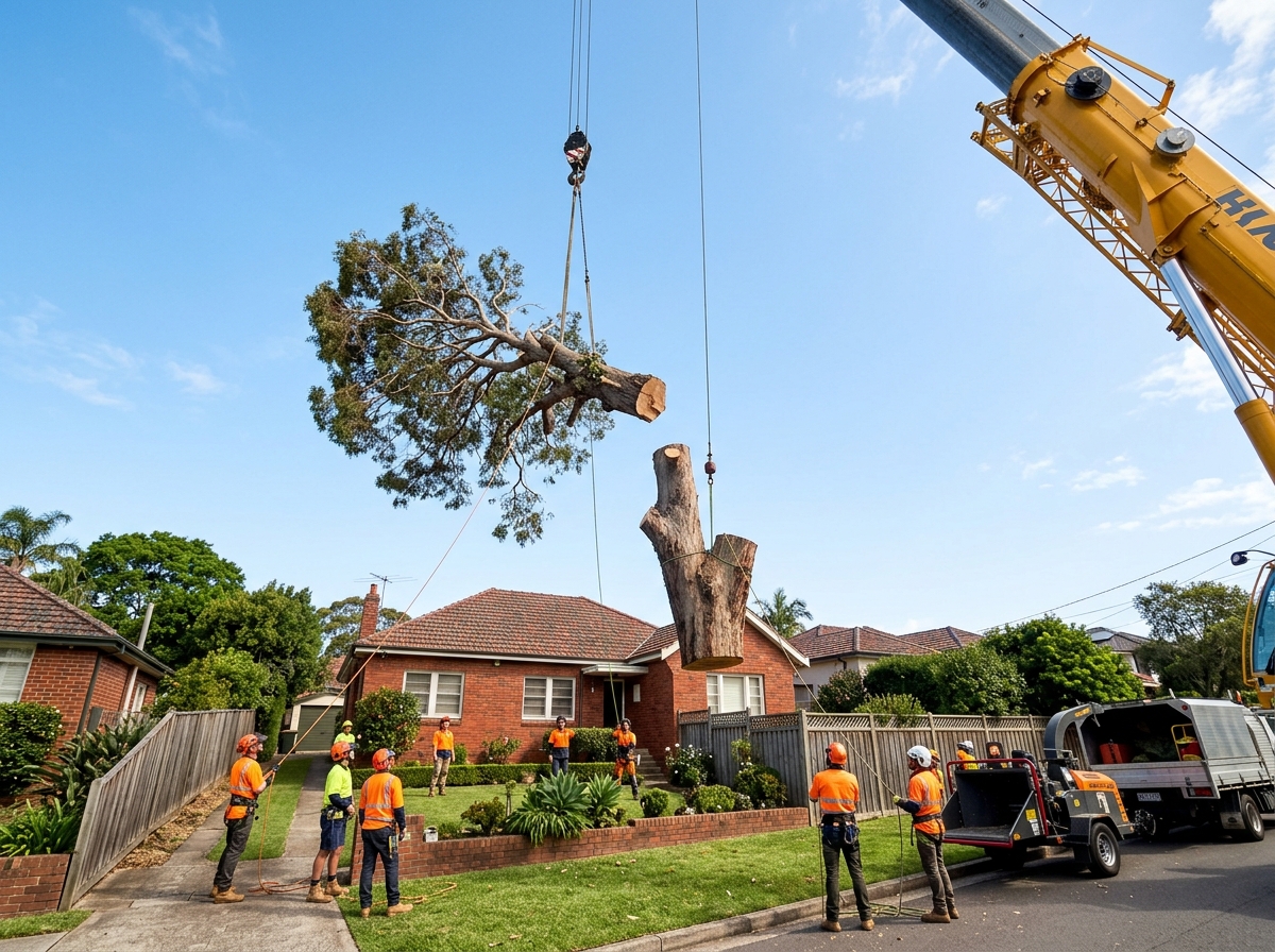 Large tree being dismantled by crane with suspended trunk sections above a residential Sydney property with brick house and manicured lawn.