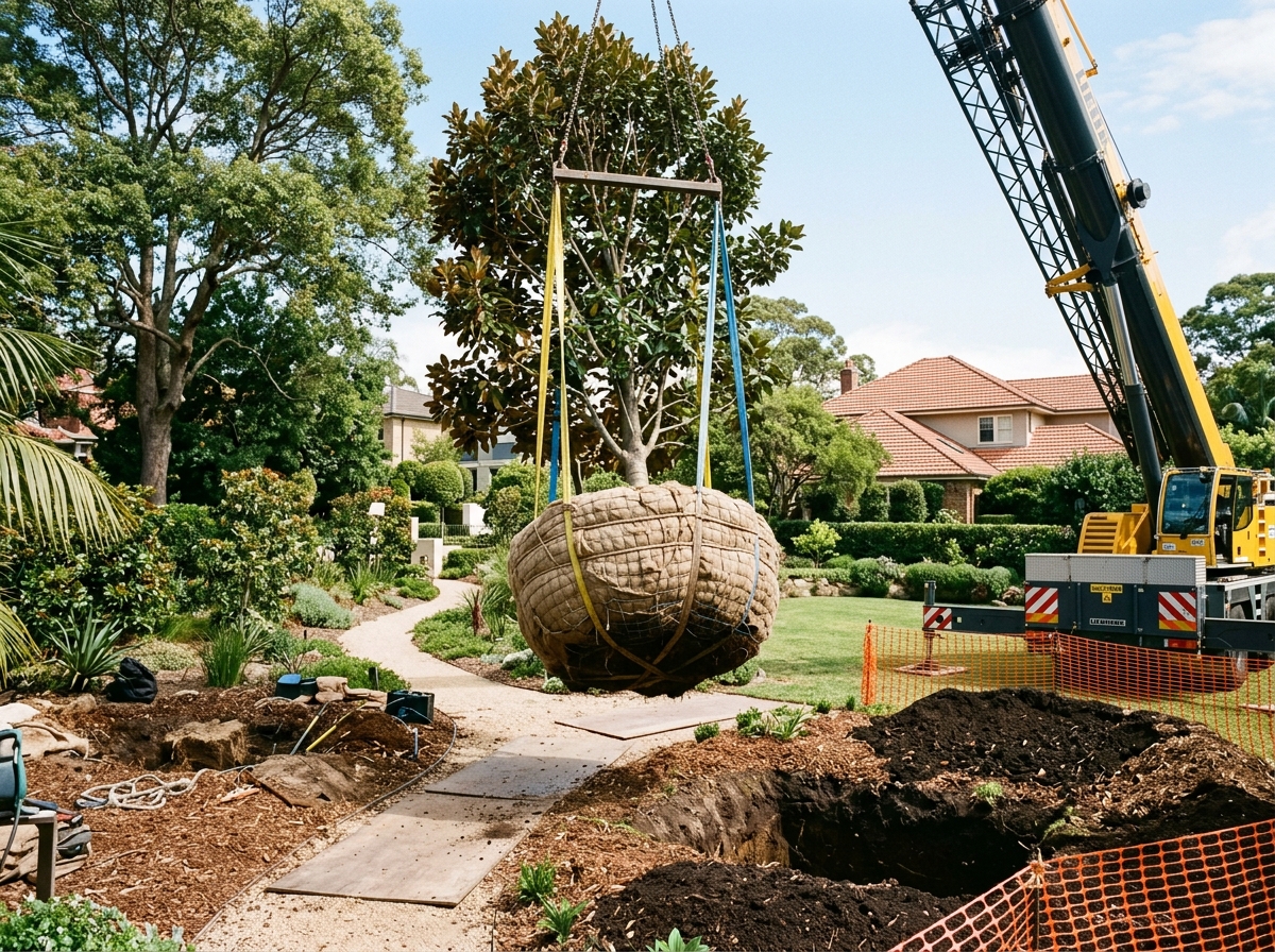 Large mature tree with burlap-wrapped root ball suspended by crane straps during relocation in residential garden.
