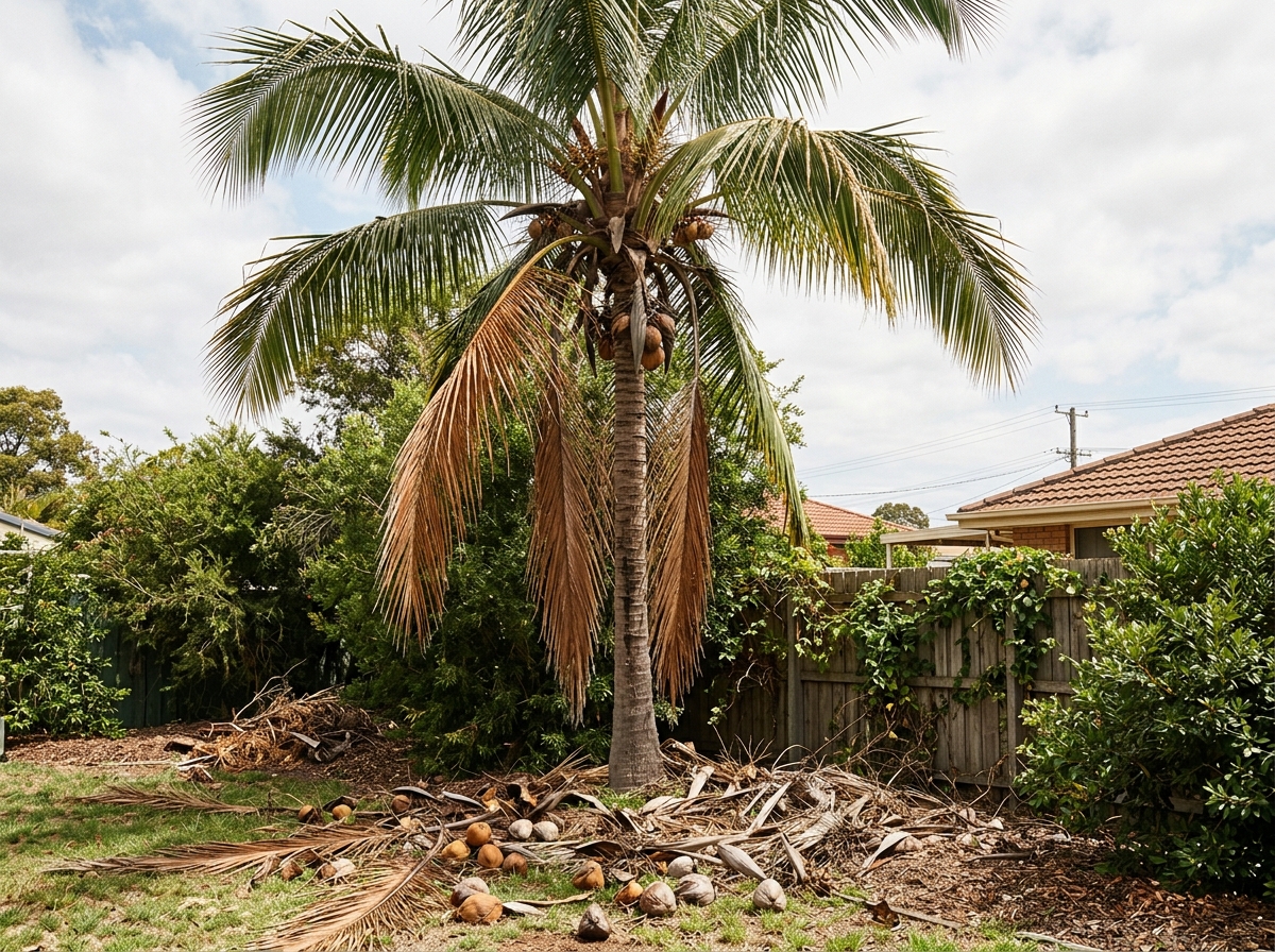 Tall coconut palm tree with brown dead fronds mixed with green leaves, fallen fruit clusters and debris on ground below in residential backy