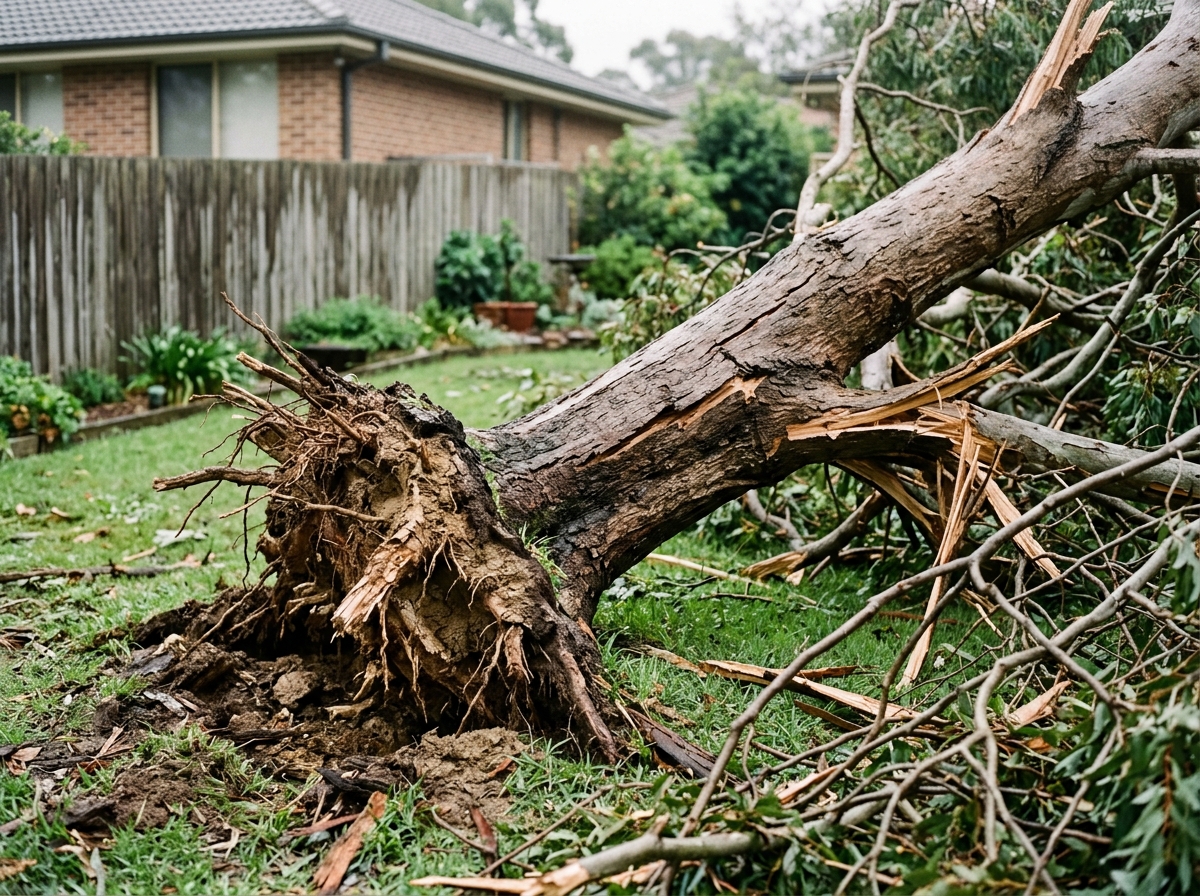 Large fallen tree trunk with exposed roots and splintered branches in a residential backyard after a storm, with house and fence visible beh
