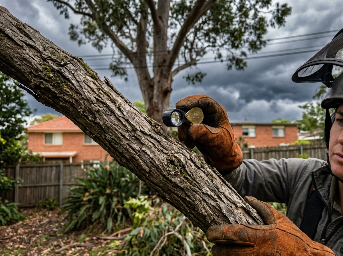 Arborist in gloved hand examines tree bark texture with magnifying tool on suburban Sydney property