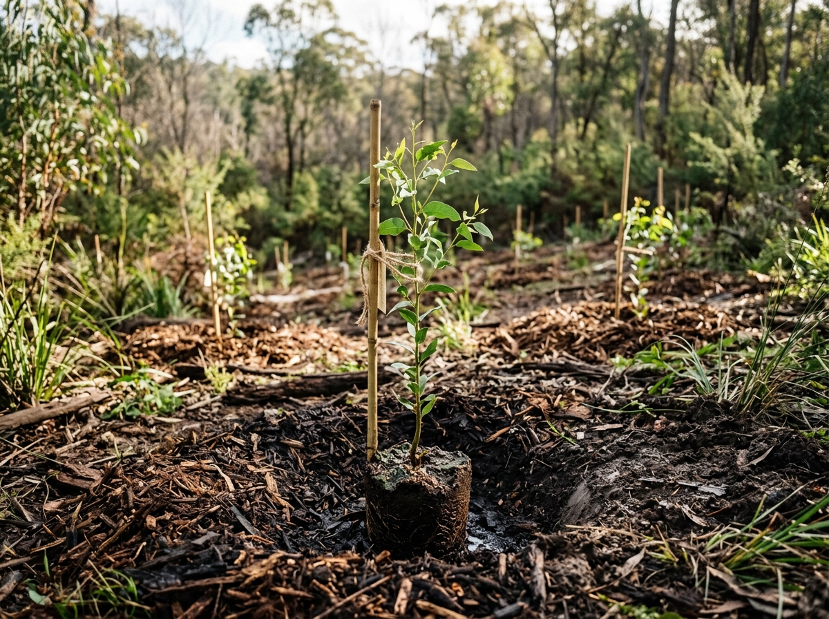 Young sapling with exposed root ball planted in moist soil surrounded by mulch in a cleared forest area with dappled sunlight.
