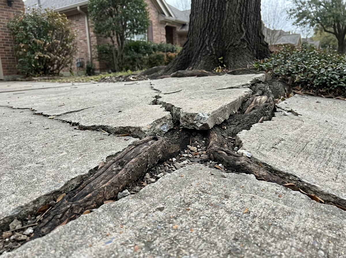Tree roots breaking through cracked concrete driveway surface in daylight