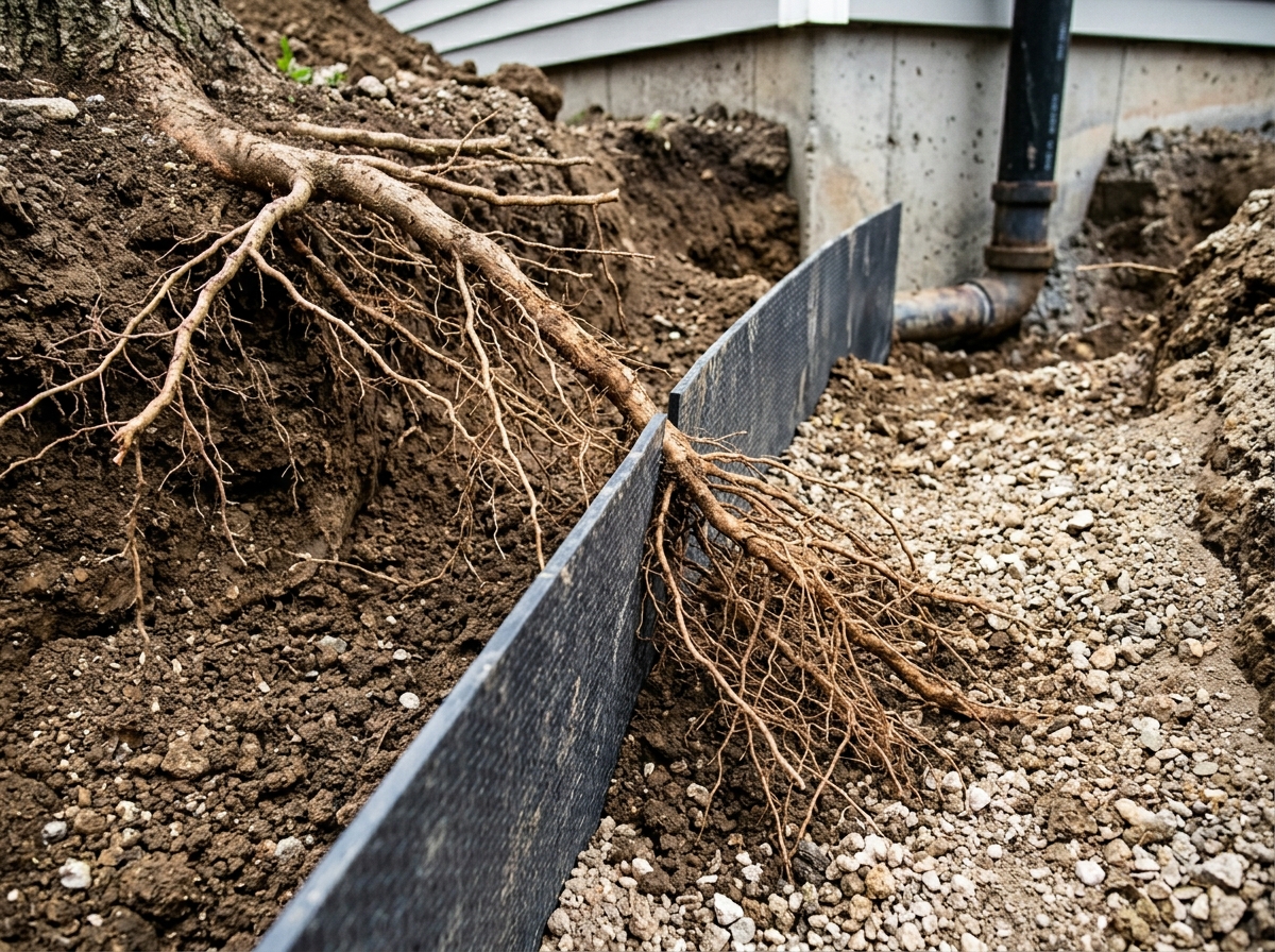 Cross-section of soil showing tree roots deflecting around a dark angled barrier, with concrete foundation visible below.