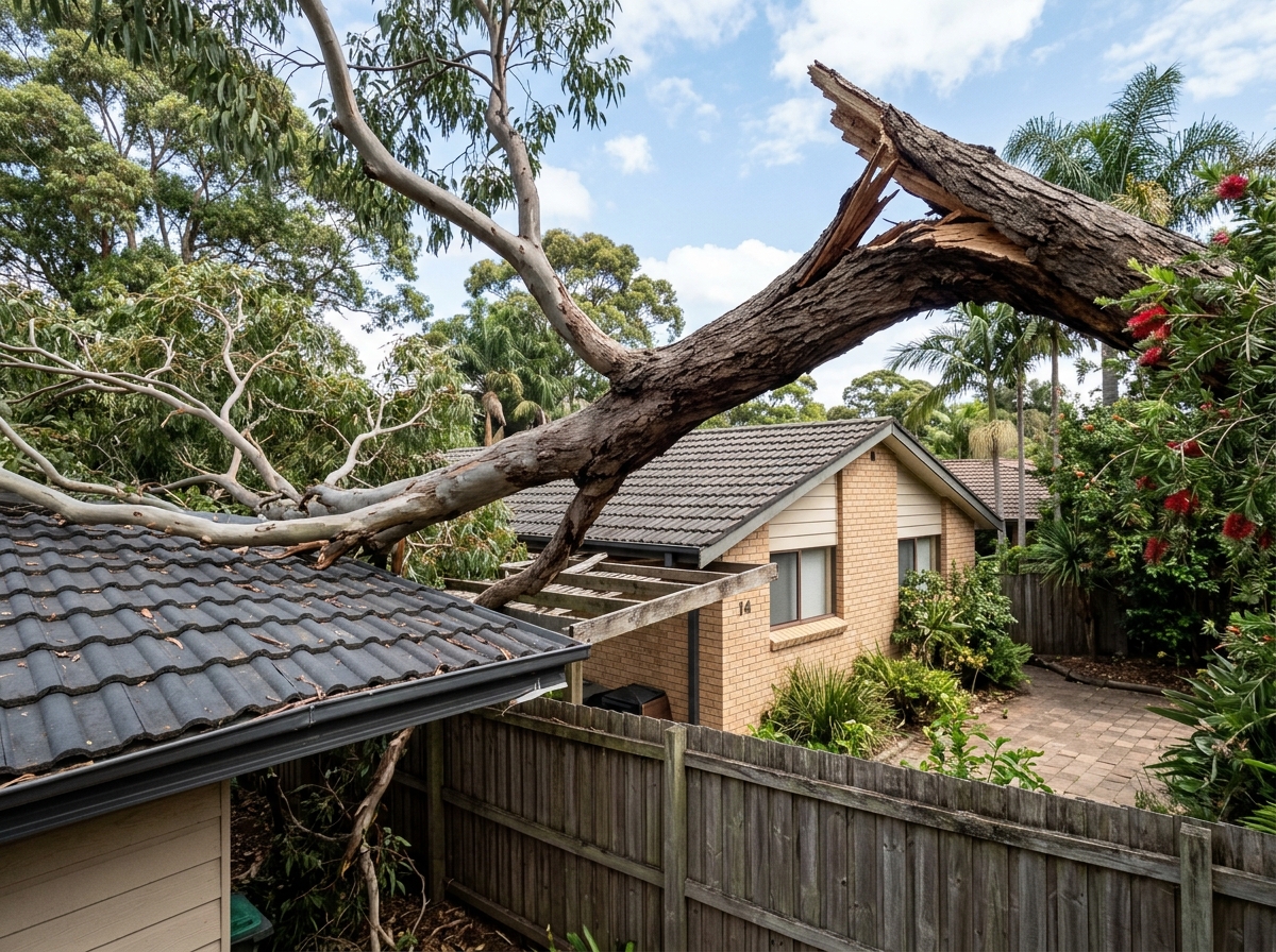 Large tree branch split and partially fallen, resting against a residential roof in a suburban Sydney backyard during daytime.