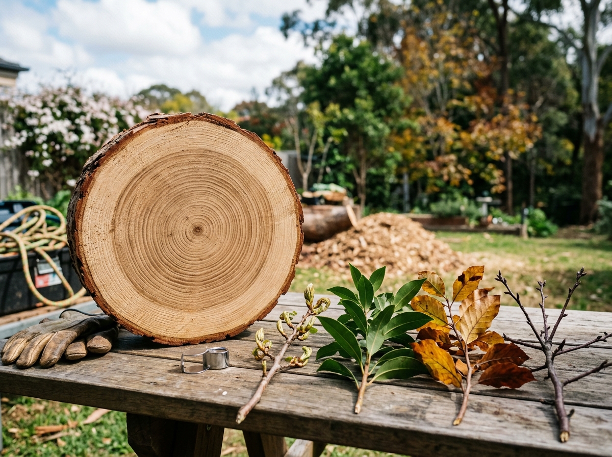 Tree cross-section showing growth rings next to branches in different seasons, displayed in an arborist's workspace with natural light.