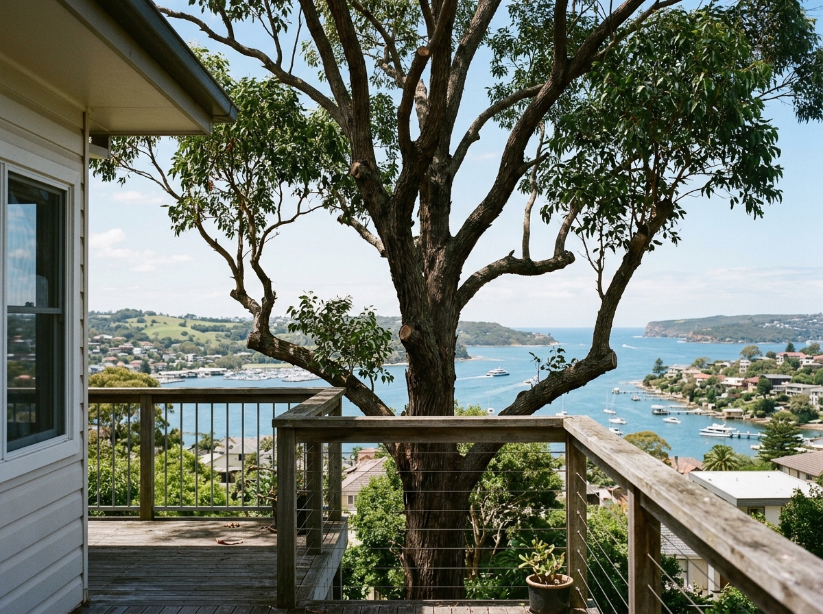 Pruned tree with thinned canopy framing a distant water view, seen from a residential balcony or porch.