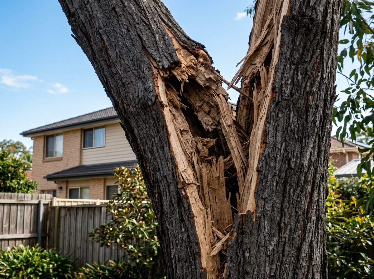 Storm-damaged tree with split trunk exposing internal wood, standing in suburban yard with house and fence visible behind it.