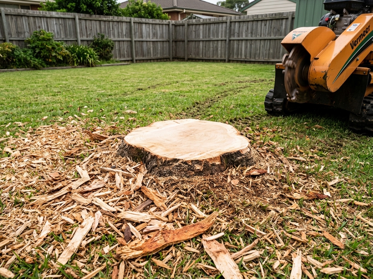Freshly ground tree stump with wood chips scattered around it in a suburban backyard, showing a clean level surface.