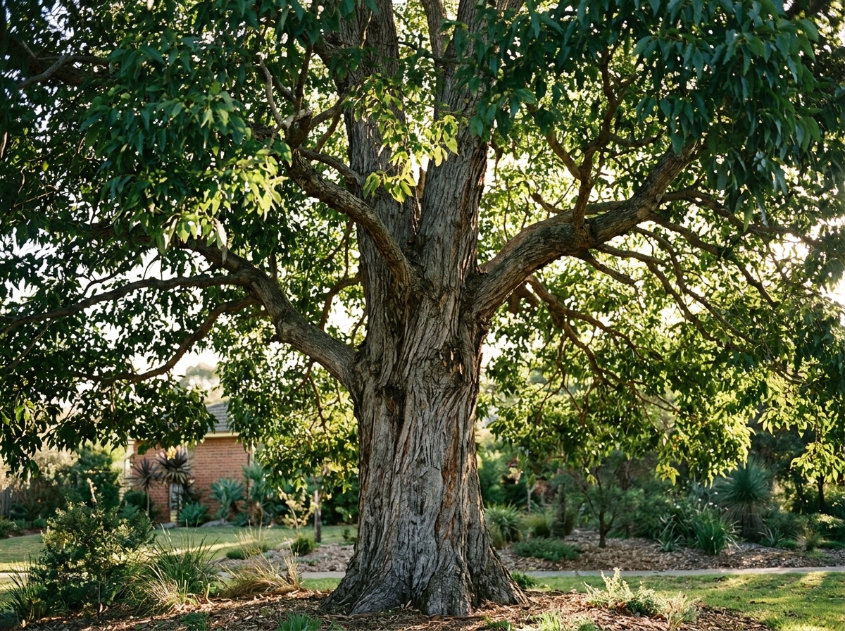 Mature tree with lush green canopy in dappled sunlight, showing detailed branch structure in a well-maintained Sydney garden setting.