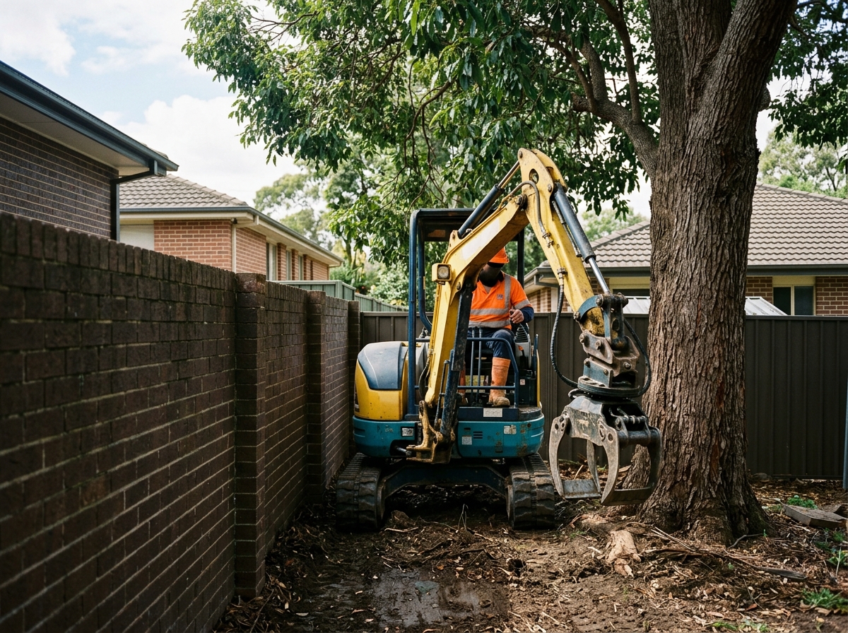 Compact excavator with specialized attachment working in narrow backyard between brick fence and mature tree in suburban Penrith.