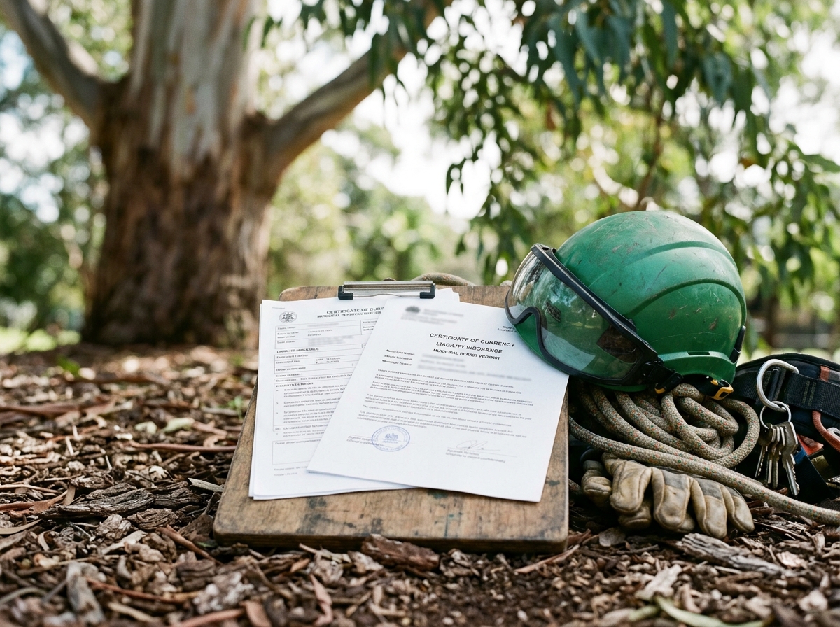Certification documents and insurance papers on a job site with an arborist's hard hat and safety gear, tree blurred in background