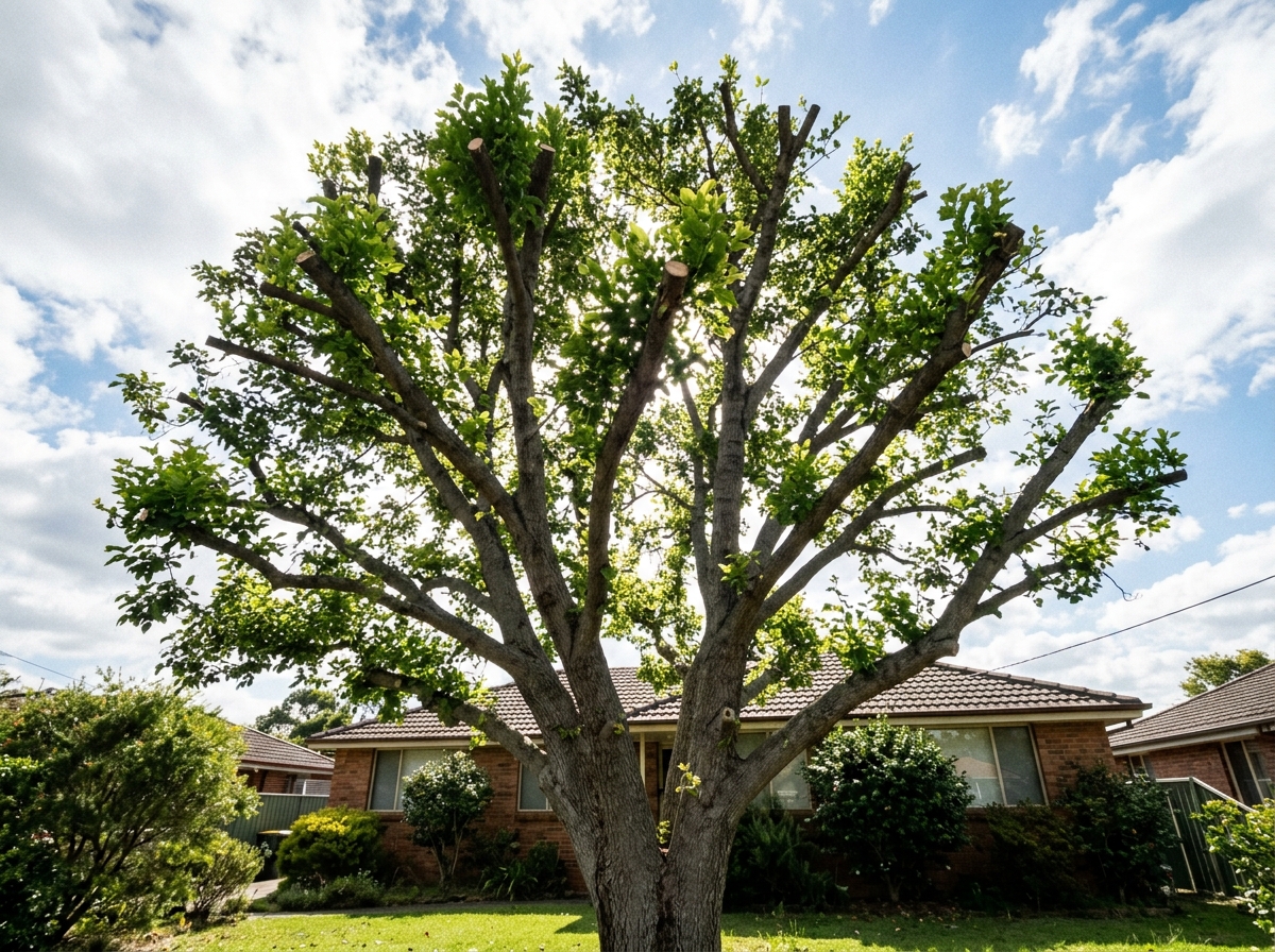 Mature tree with pruned canopy showing clean lateral cuts and new growth, dappled sunlight filtering through branches, residential house vis