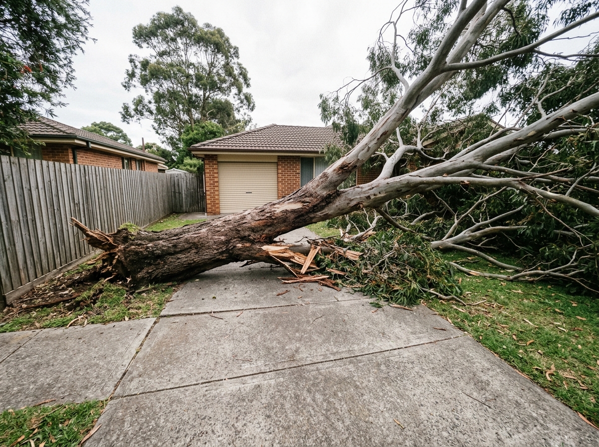 Large fallen tree trunk blocking a residential driveway entrance with a house and fence visible in the background under overcast sky.