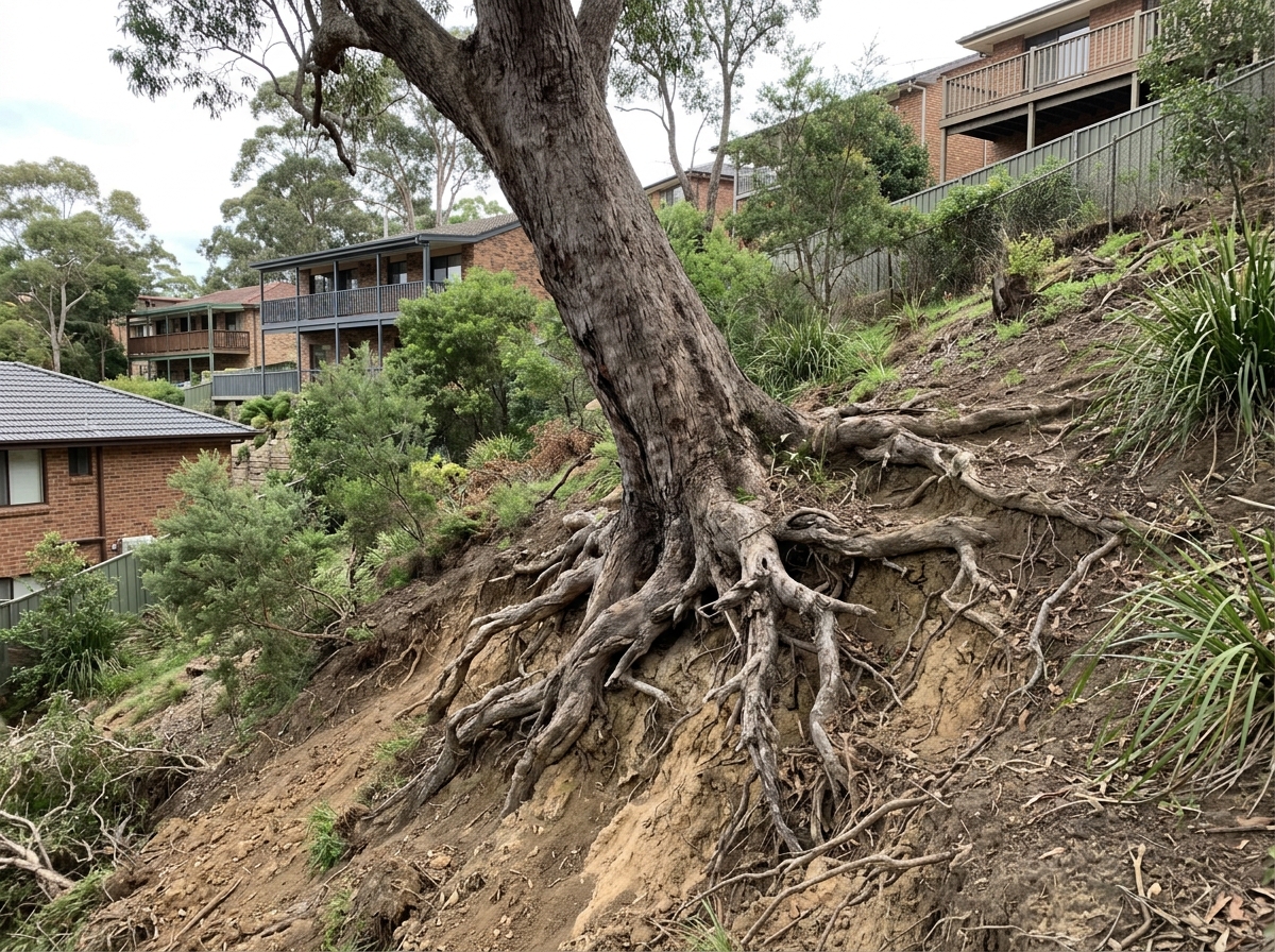 Large tree with exposed gnarled roots clinging to a steep clay hillside in a Sydney suburb, with native vegetation and houses visible at dif