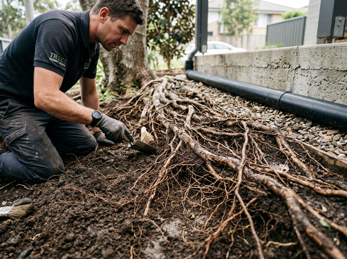 Close-up of exposed tree roots being excavated near a concrete foundation, showing intricate root network spreading through soil in daylight