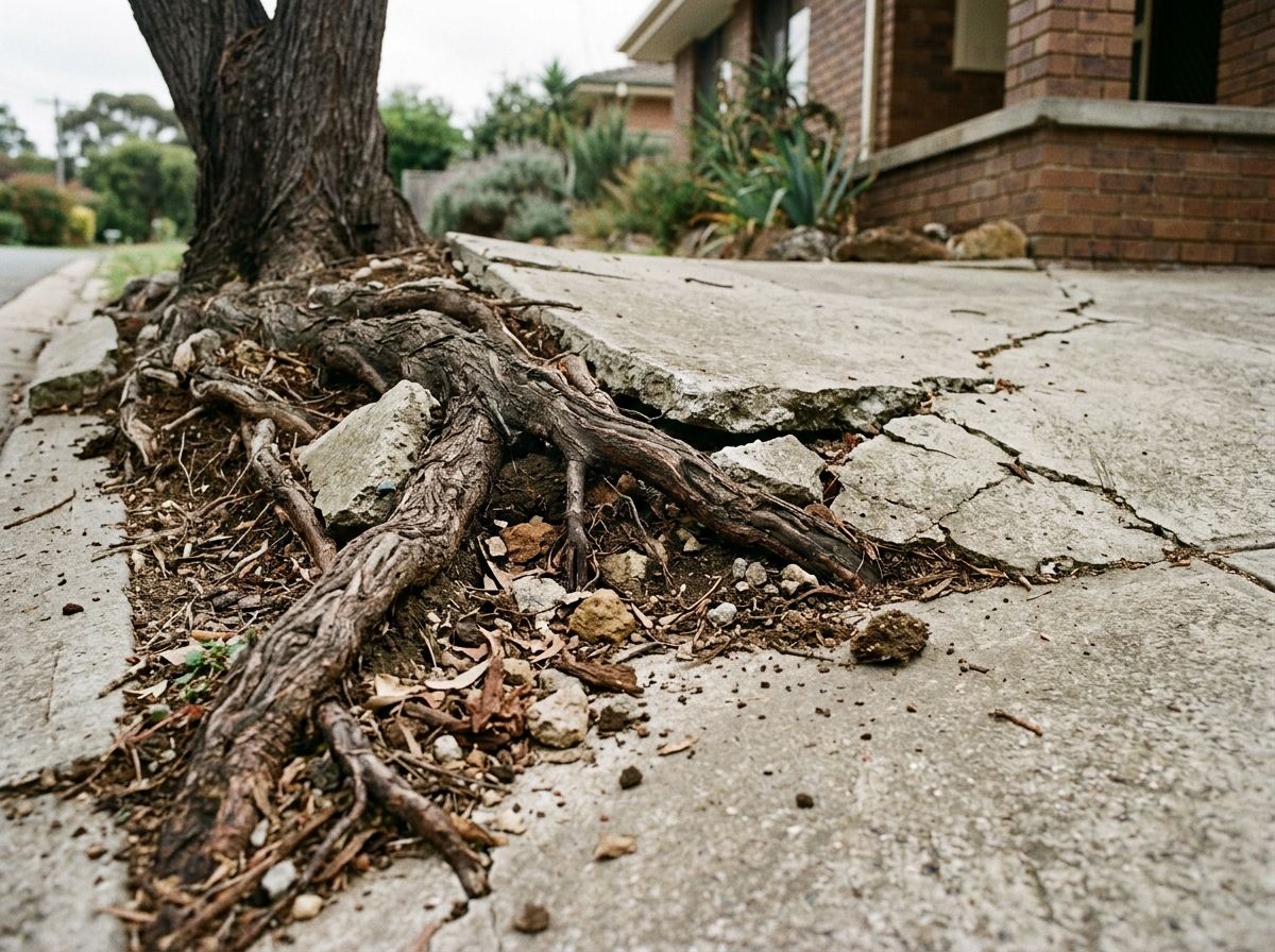 Tree roots breaking through concrete pavement with visible cracks and soil erosion around the root system at ground level.