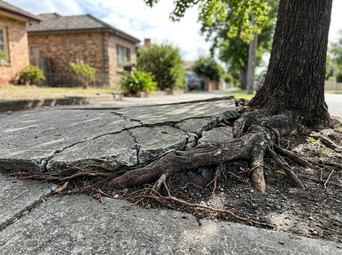 Tree roots breaking through cracked concrete pavement on a residential sidewalk, with the tree trunk visible at the edge.