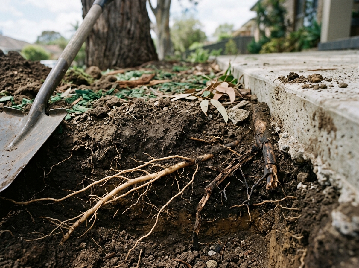 Cross-section of tree roots in excavated soil showing healthy and diseased roots near a concrete foundation edge.