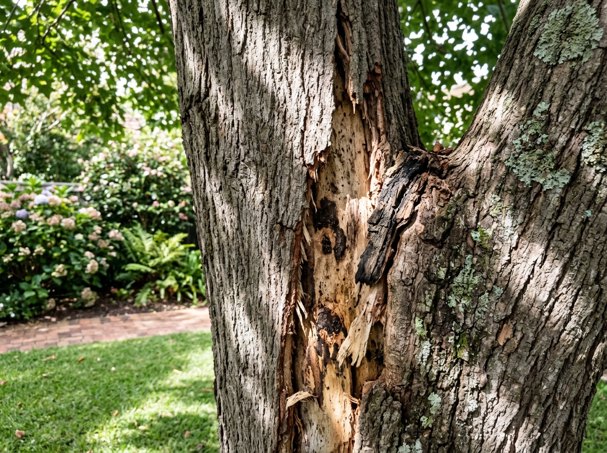 Close-up of tree trunk with deep vertical crack exposing wood and decay, dappled sunlight filtering through canopy above green grass.