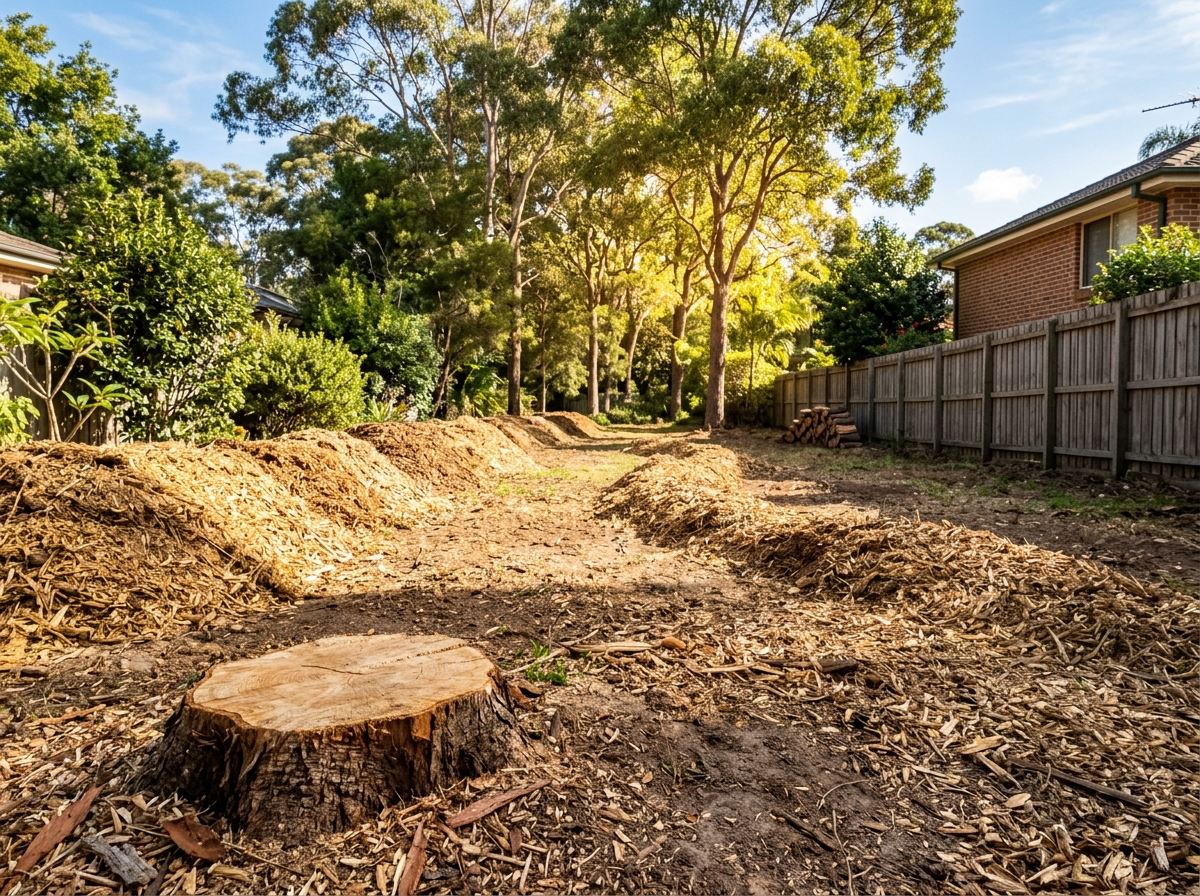 Cleared residential yard with tree stump in foreground, stacked wood chips, and healthy trees casting dappled sunlight in background.