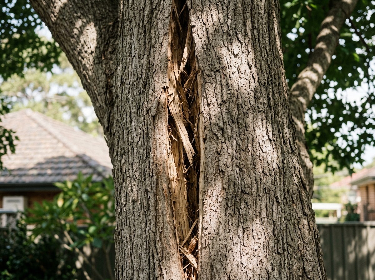 Large tree trunk with a deep vertical crack and splintered wood, house roof visible in blurred background