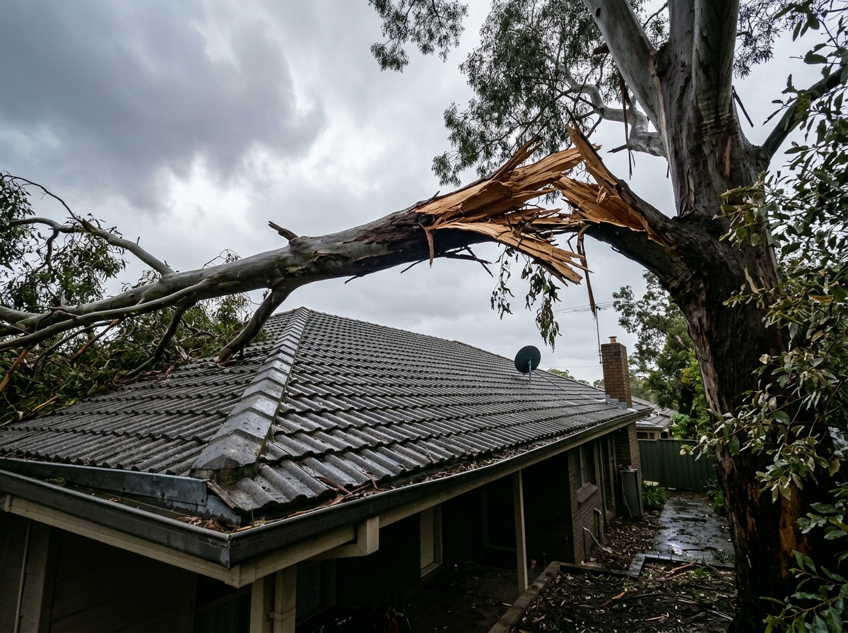Damaged tree limb hanging over a residential roof with splintered wood, wet ground visible after a storm