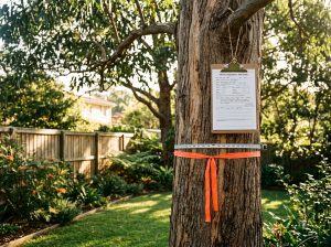 Eucalyptus trunk with orange ribbon and measuring tape, an arborist form on a clipboard hanging from a branch in a sunlit backyard.