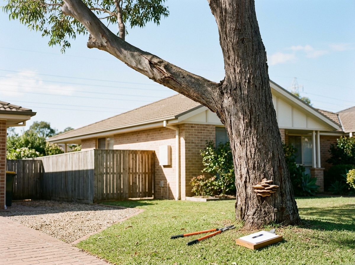 Leaning eucalyptus limb with a visible crack over a house roof, fungus on the trunk, and loppers and clipboard on the lawn.