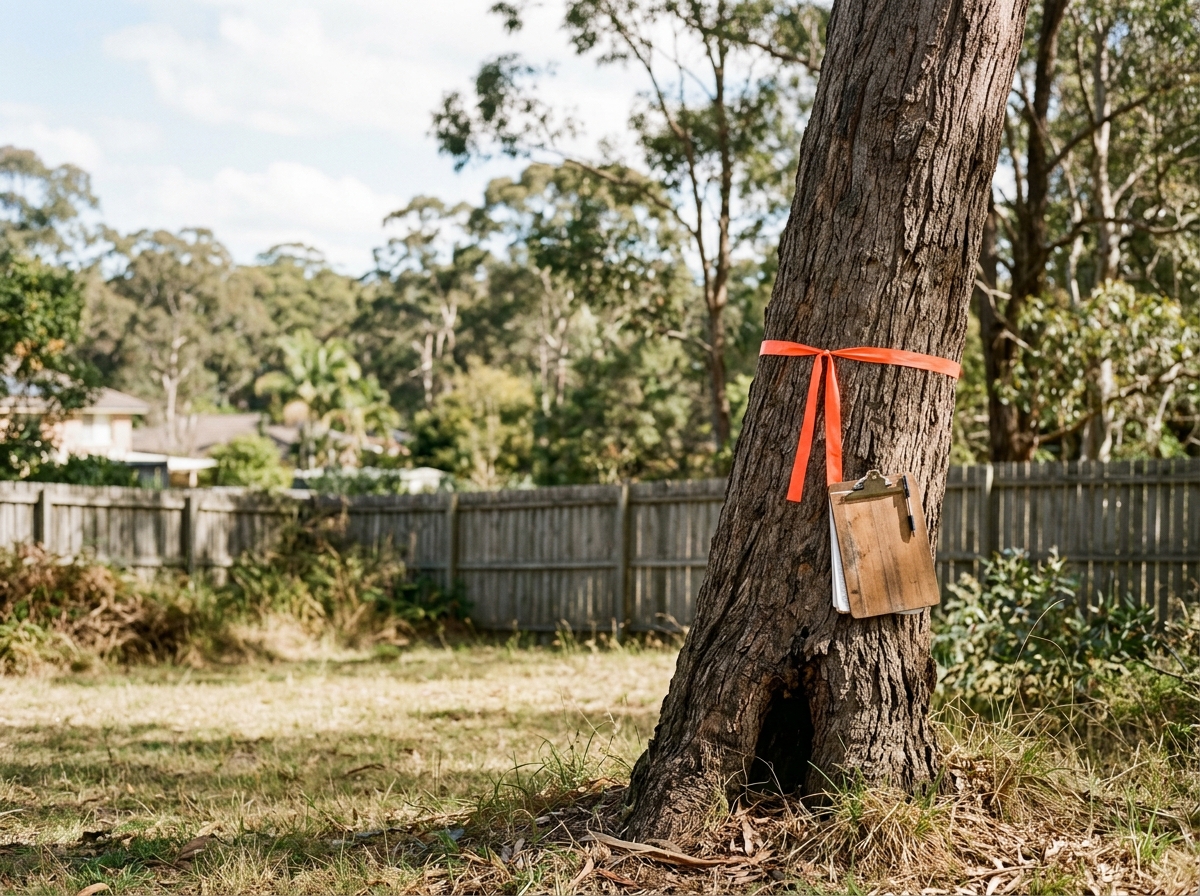 Leaning eucalyptus with a dark base cavity, orange survey ribbon and clipboard against the trunk, in a backyard with paling fence.