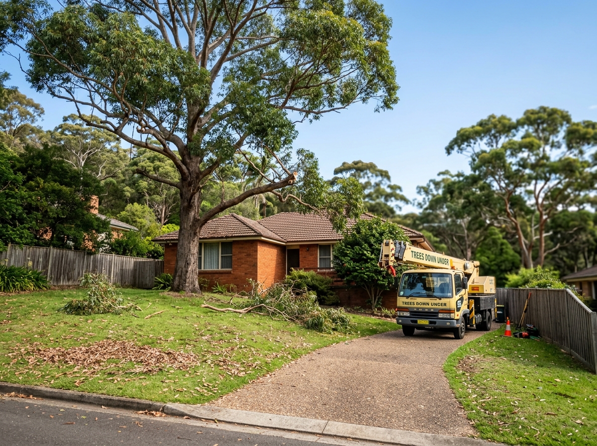Large eucalyptus with heavy limbs over a brick house roof, fallen branches on the lawn and a crane parked on the driveway.