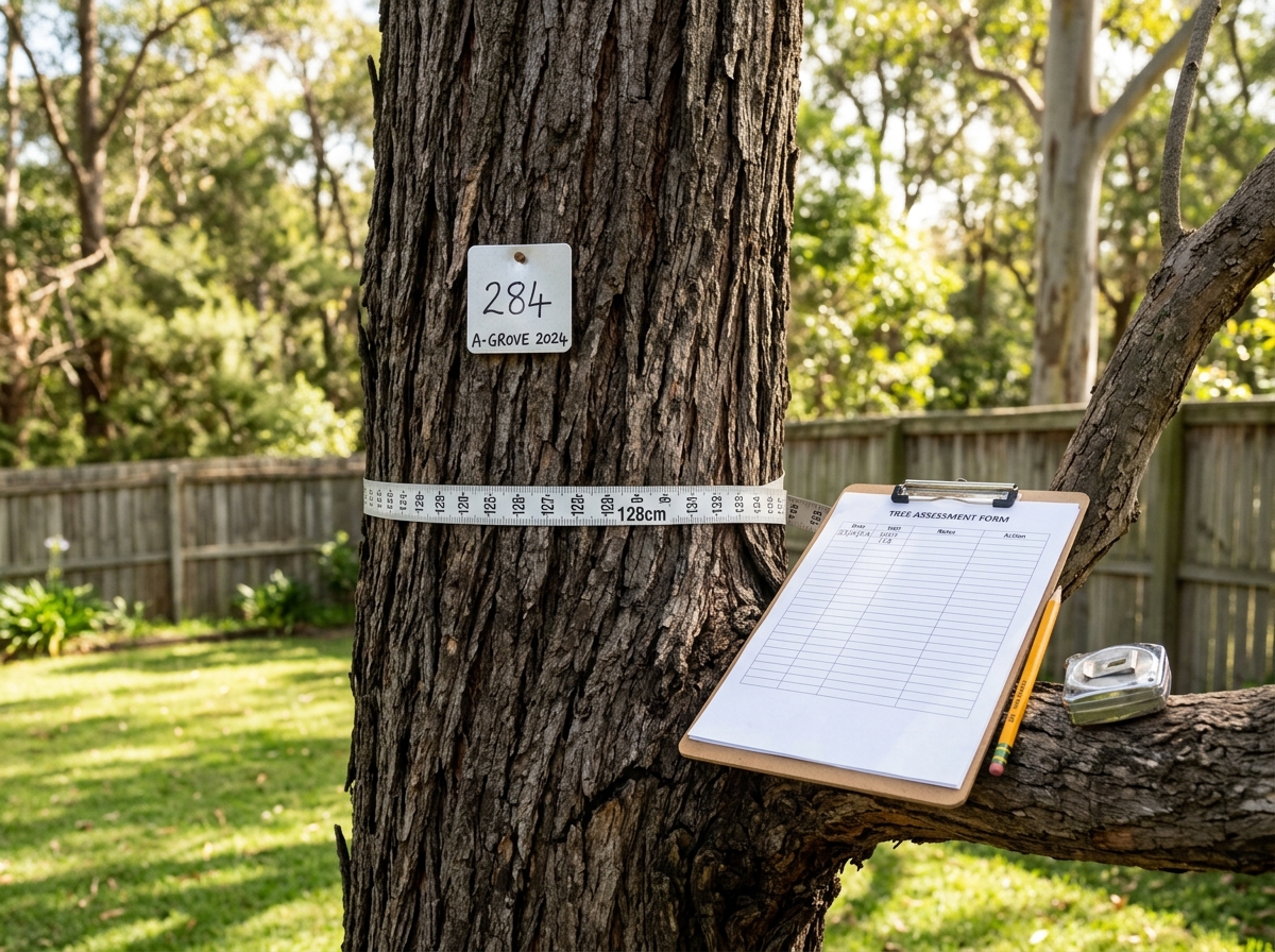 Eucalyptus trunk with a metal tag and measuring tape around it, a clipboard resting in a branch fork, in a sunlit backyard.