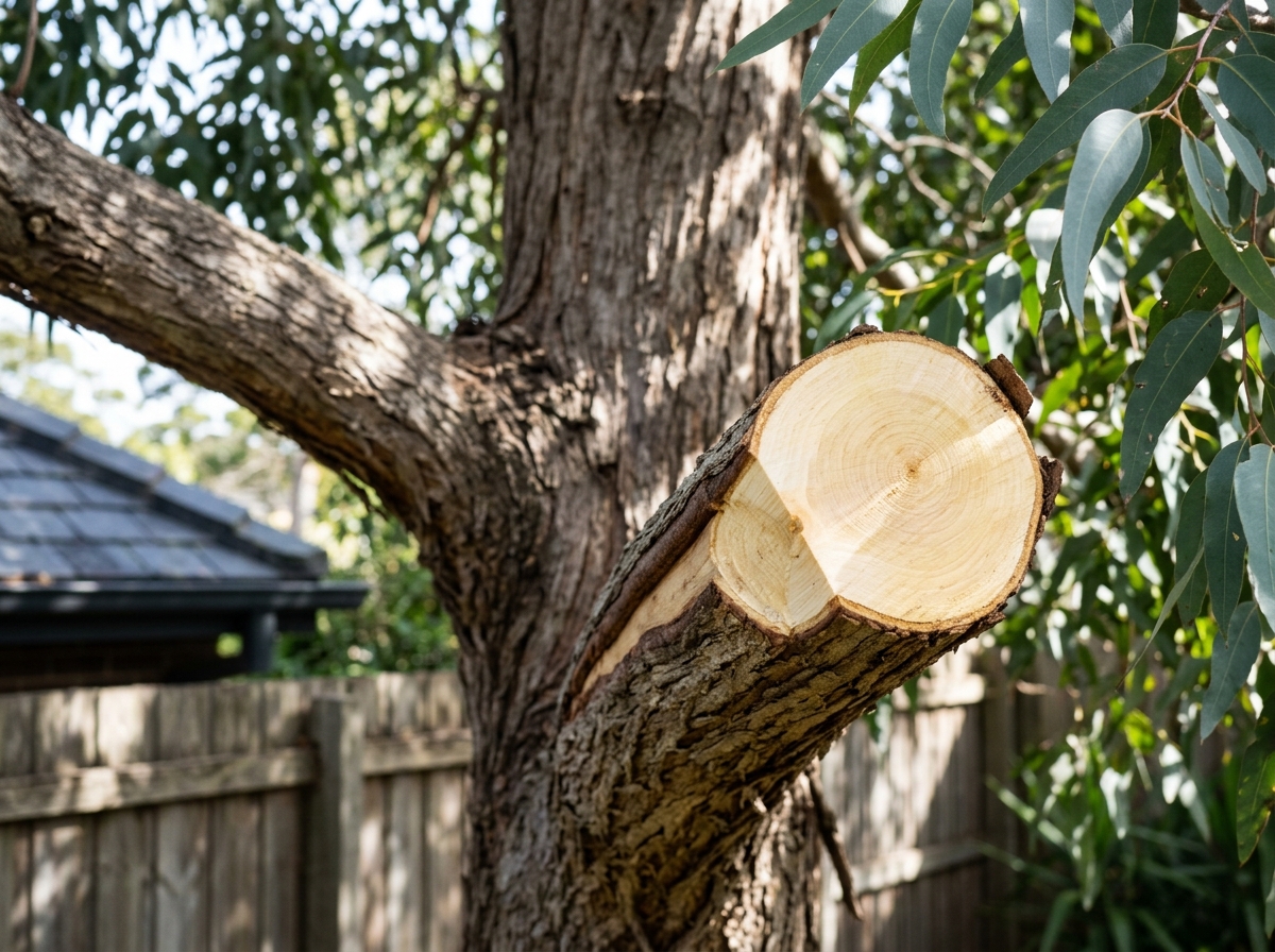 Clean angled pruning cut on a eucalyptus limb just outside the branch collar, pale wood exposed, blurred fence and canopy behind