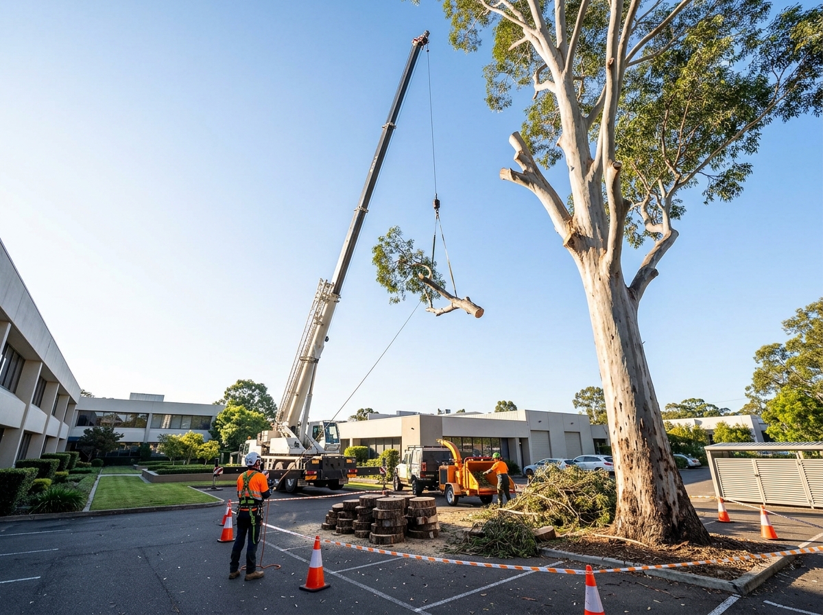 Mobile crane lifts a cut limb from a tall eucalyptus in an office business park, with chipper, timber rounds and cones below.