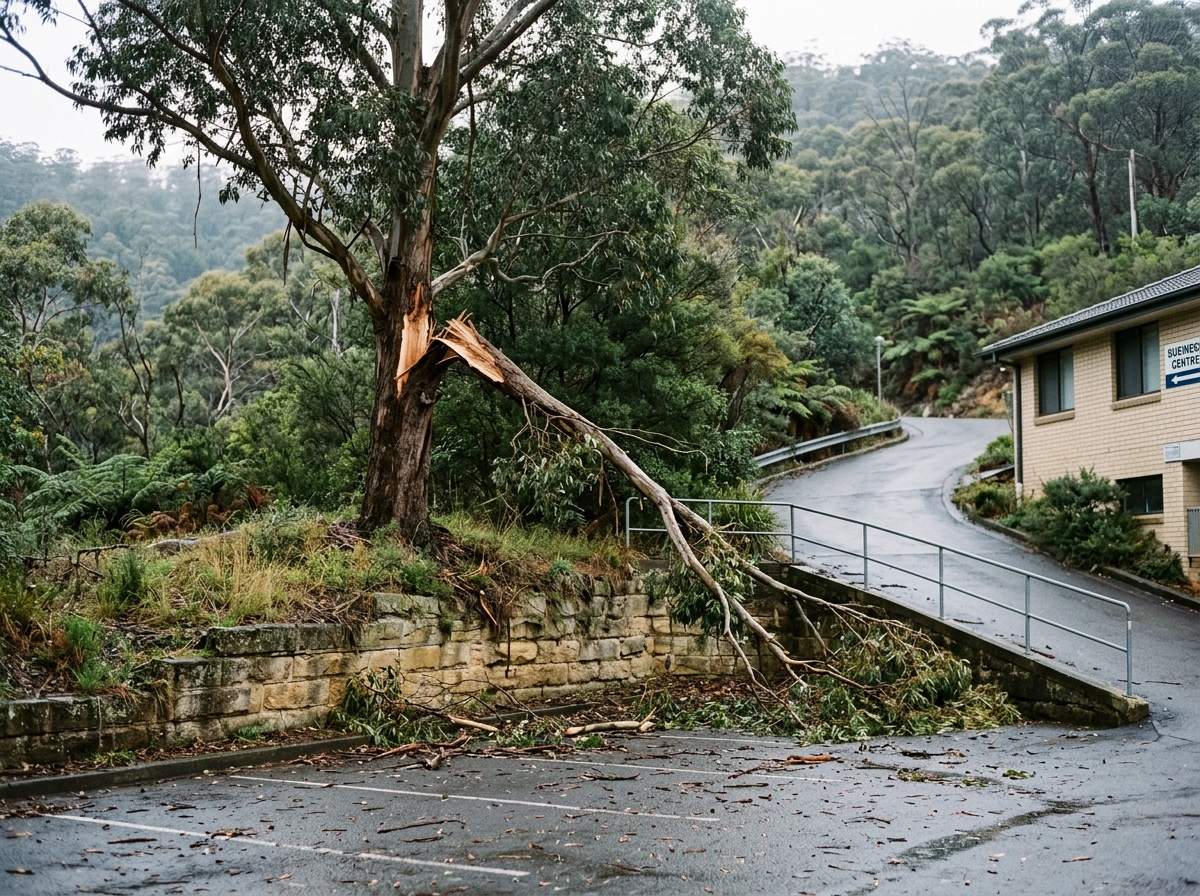 Broken eucalyptus limb hangs over an empty car park, pale torn timber exposed, leaves and twigs scattered on wet asphalt.