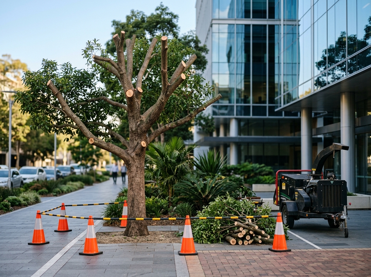 Freshly pruned camphor laurel with clean-cut limbs, cones and barrier tape at its base, branch stack and chipper in an office courtyard