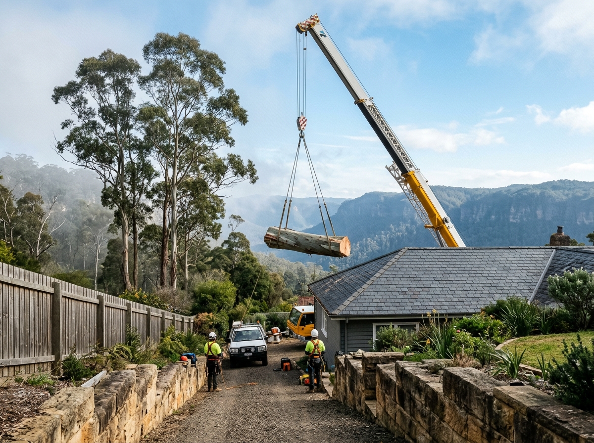 Crane with raised boom lifts a eucalyptus trunk section beside a slate roof on a sloped bush property with misty ridges.