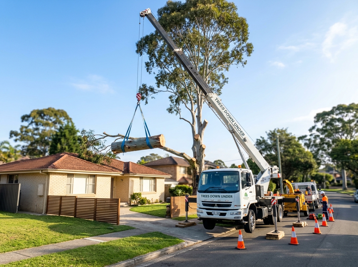 Crane truck lifts a cut eucalyptus trunk section over a tiled roof beside a brick house, with cones and a chipper nearby.