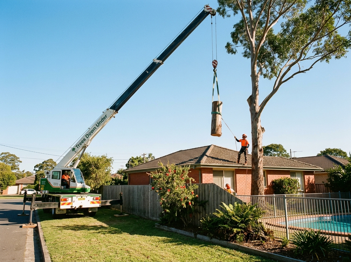 Mobile crane lifts a cut eucalyptus trunk section by strap above a brick house roof, with the remaining tree beside it.