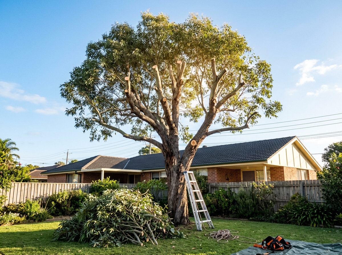 Eucalyptus with a freshly shortened, rounded crown and pale cut wood, branches stacked at its base, brick house behind.