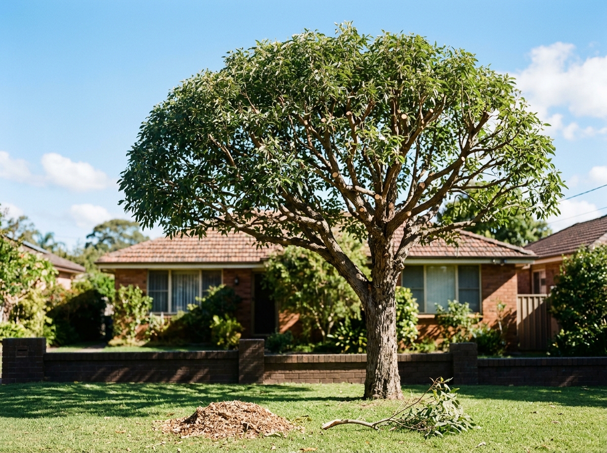 Mature eucalyptus with a evenly rounded, trimmed crown in a suburban front yard, with a brick fence and tiled-roof house behind.