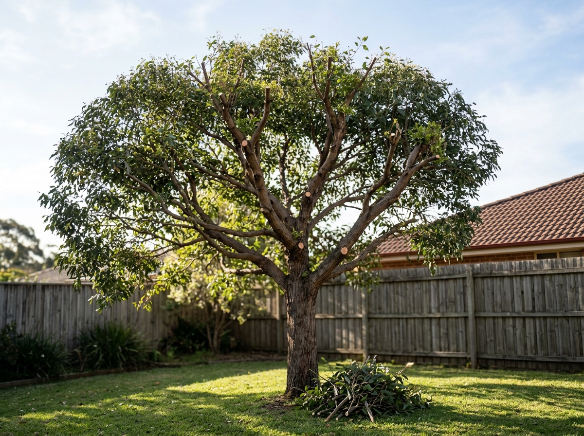 Pruned eucalyptus with a smaller, rounded canopy beside a paling fence, with stacked cut branches at its base and morning light on the lawn.
