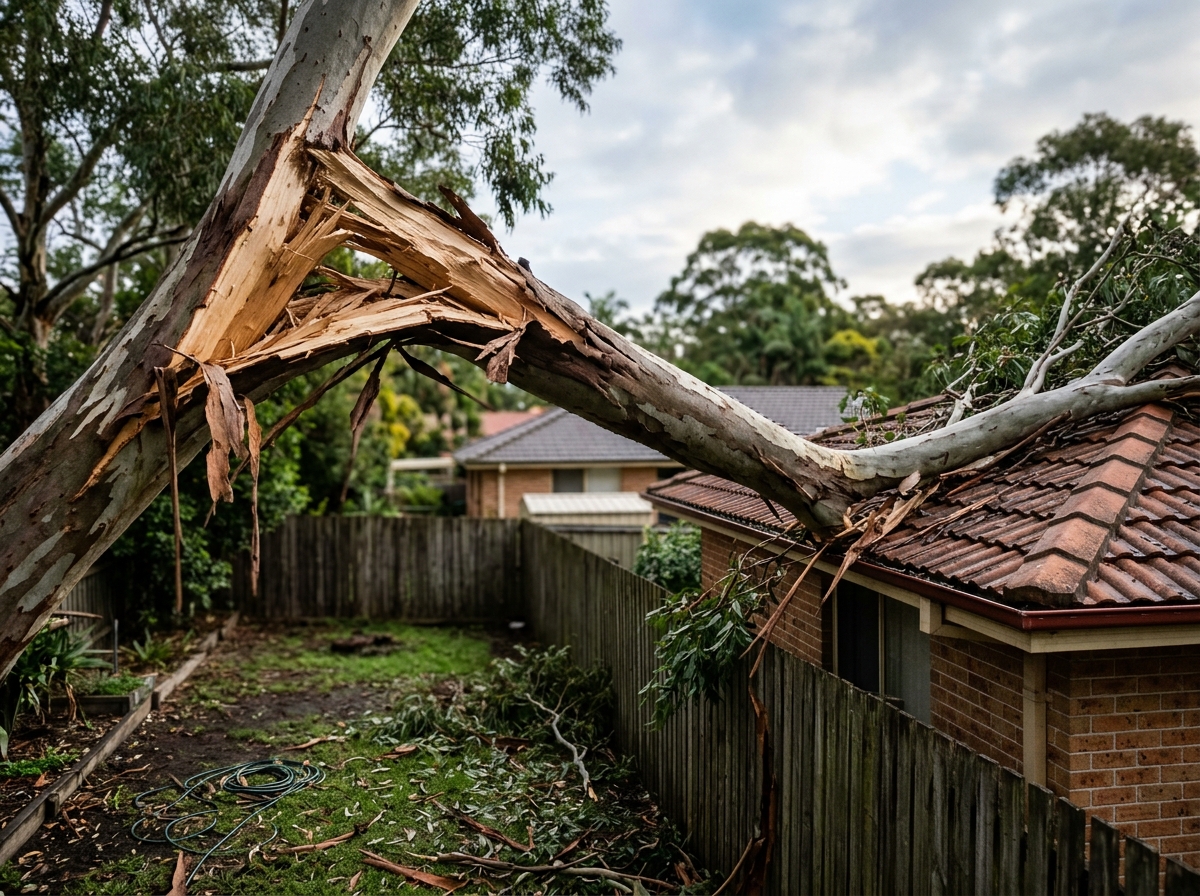 Split eucalyptus limb with torn bark and pale exposed wood sagging over a fence and tiled roof edge above wet, leaf-strewn grass.
