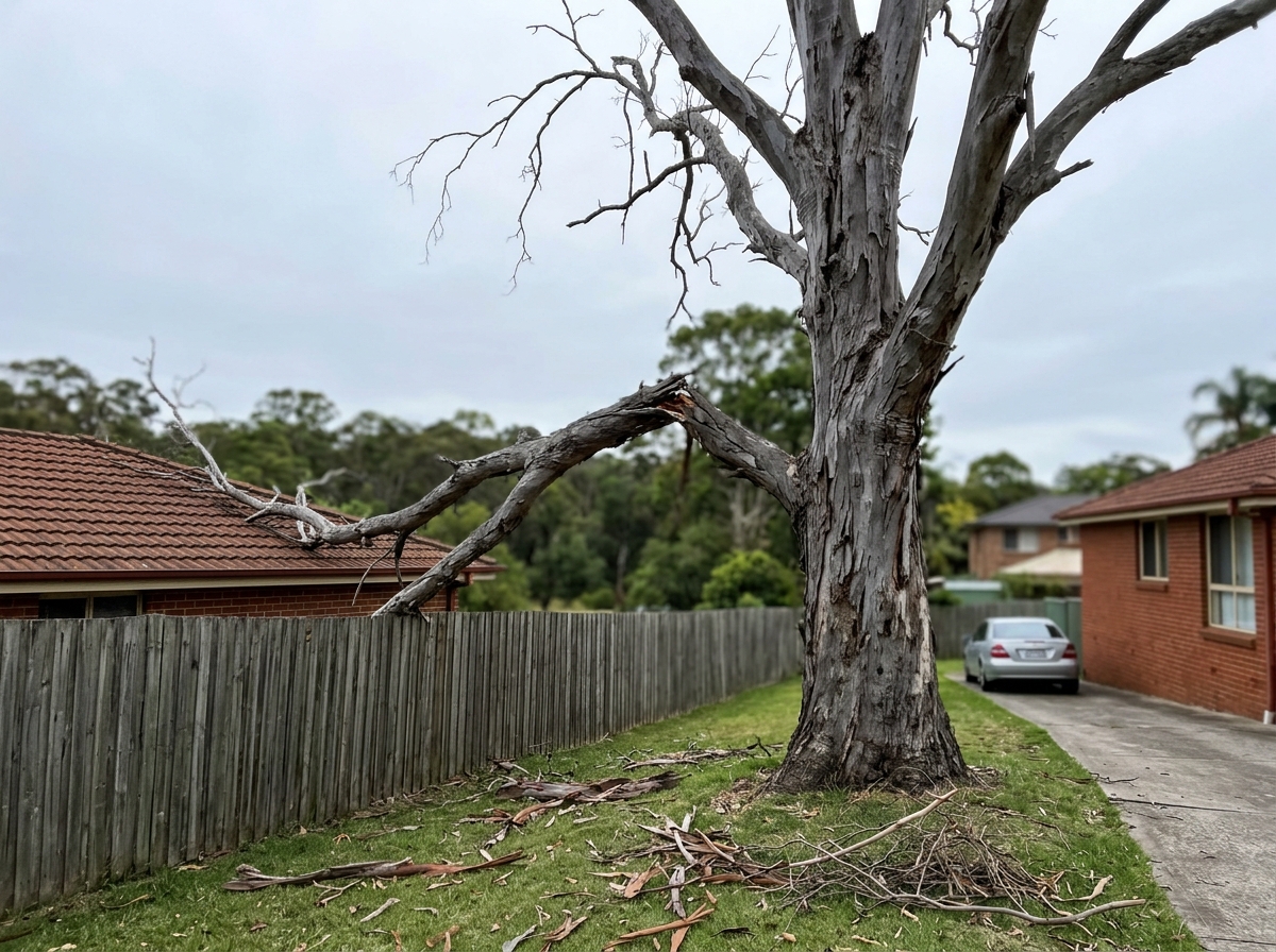 Dead eucalyptus with bare grey limbs and a broken branch hanging over a timber fence and tiled roof in a suburban backyard.