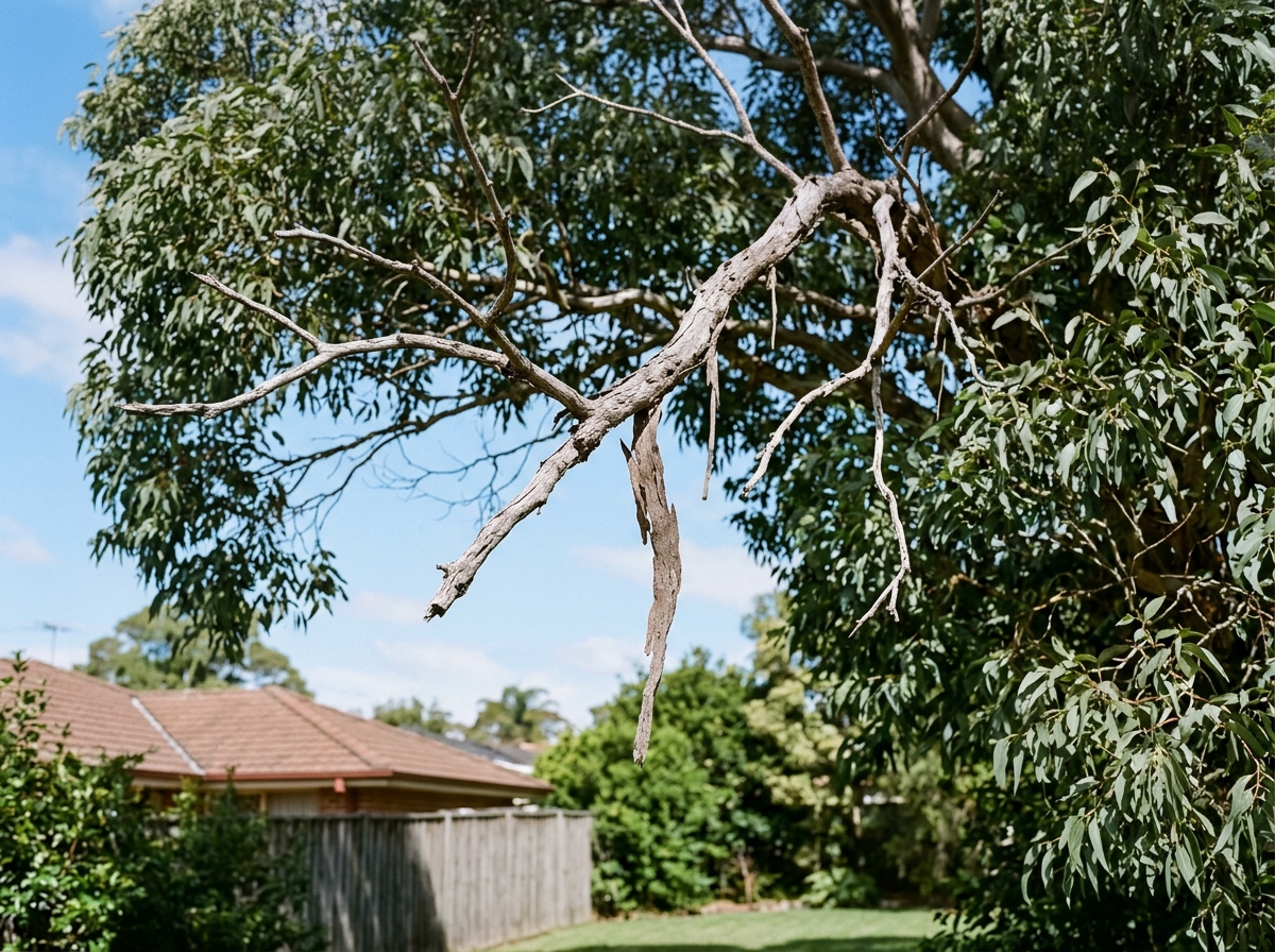 Eucalyptus crown with bare grey dead branches among green leaves, one broken limb dangling, above a roof edge, fence and lawn.